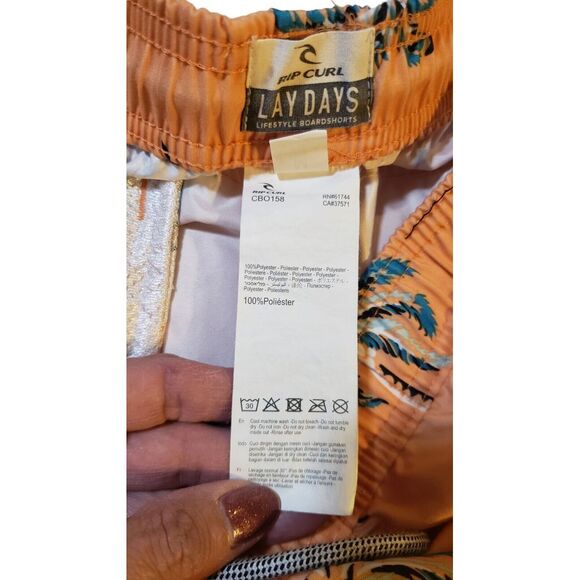 Rip Curl LayDays Swim‎ Trunks Size Medium Elastic Waistband Orange Palm Trees - Picture 11 of 16